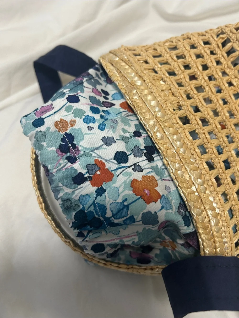 Il Gufo Straw Tote with Blue and Pink Floral Interior ( Liberty)